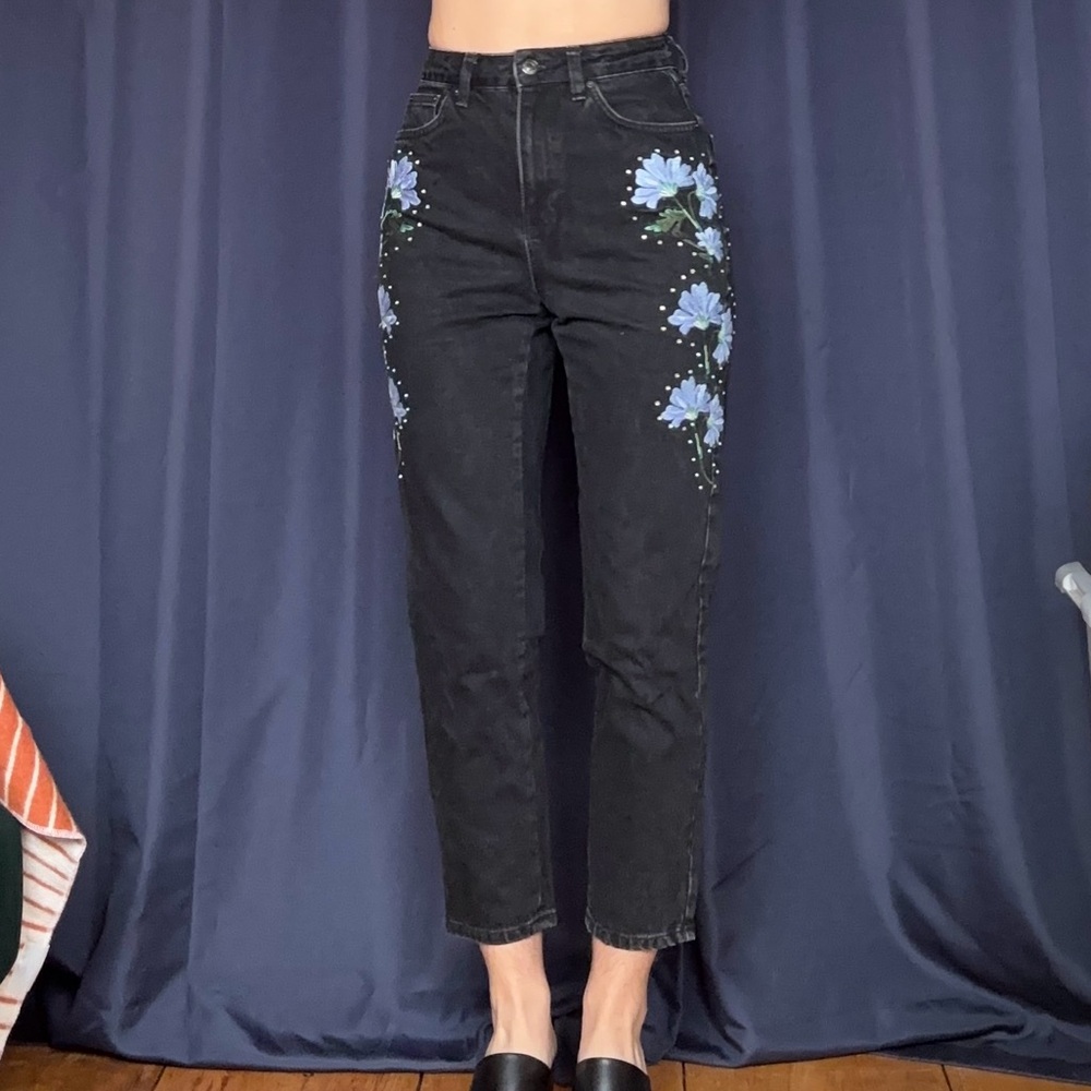 Topshop Black Moto Mom Jeans with Flower Embroidery